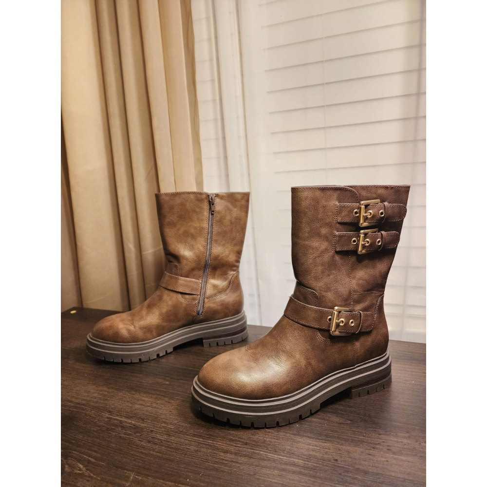 Sun + Stone Onnyx Lug Biker Moto Zip On Buckle Boots Booties 7 M Chocolate Brown - Picture 4 of 13